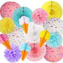 zilue Donut Party Decorations, Two Sweet Birthday Party Supplies Hanging Donut Paper Lanterns Party Fans Pom Poms Flowers for Baby Shower Sweet One Birthday Party Ice Cream Party Decorations