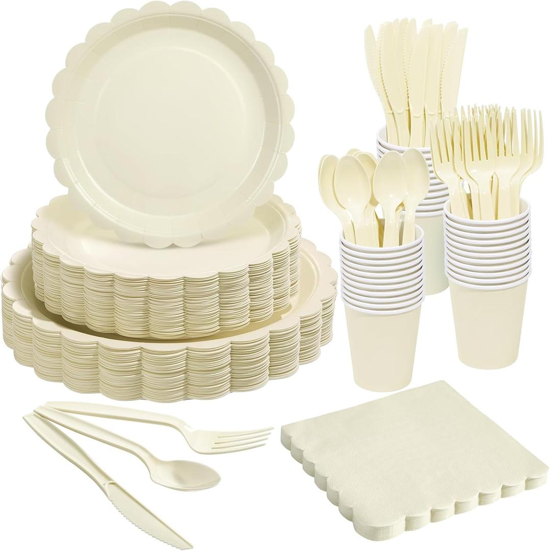 Goodluck Ivory Scalloped Disposable Tableware Set - 350PCS (50 Guests), 7"&9" Plates, 9oz Cups, Napkins, Cutlery, Food Grade, Waterproof & Oil-Proof for Birthday, Wedding, Bridal&Baby Shower