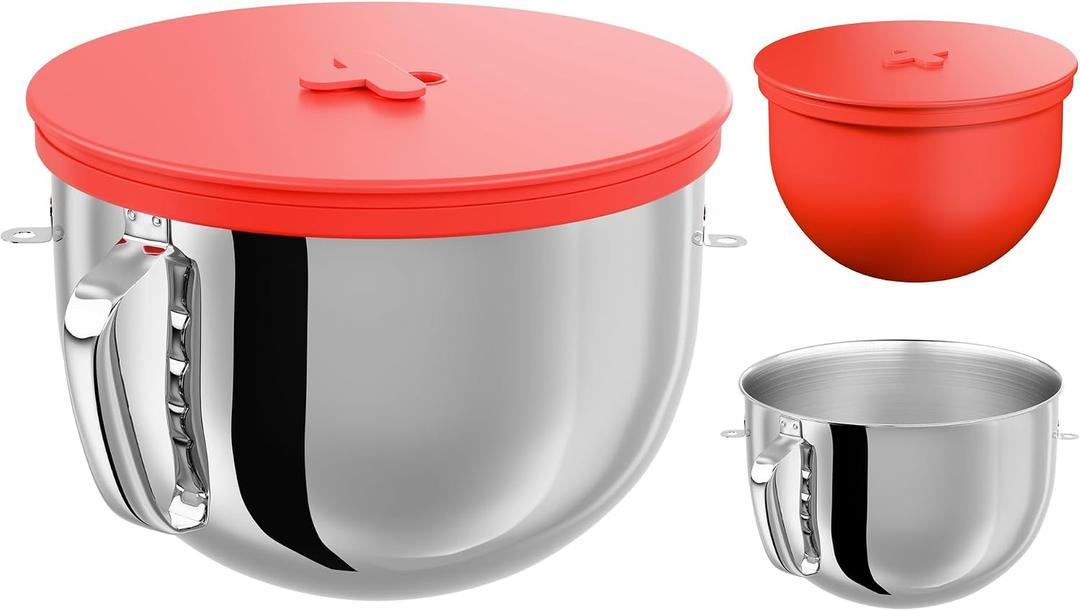 6QT Stainless Steel Mixer Bowl & Silicone Liners Compatible with KitchenAid 6QT Stand Mixers Liner Replacement for Kitchen Aid Mixer Attachments & Accessories, Red Lining