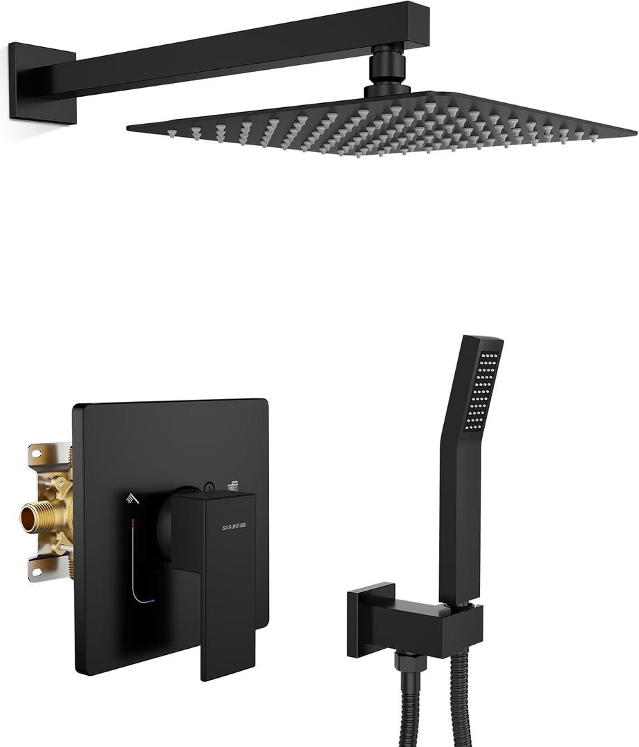 SR SUN RISE Shower Faucet Set & System - 10 Inch Rainfall Shower Head & Handle Set Wall Mounted Matte Black Solid Brass Valve Trim Kit Included