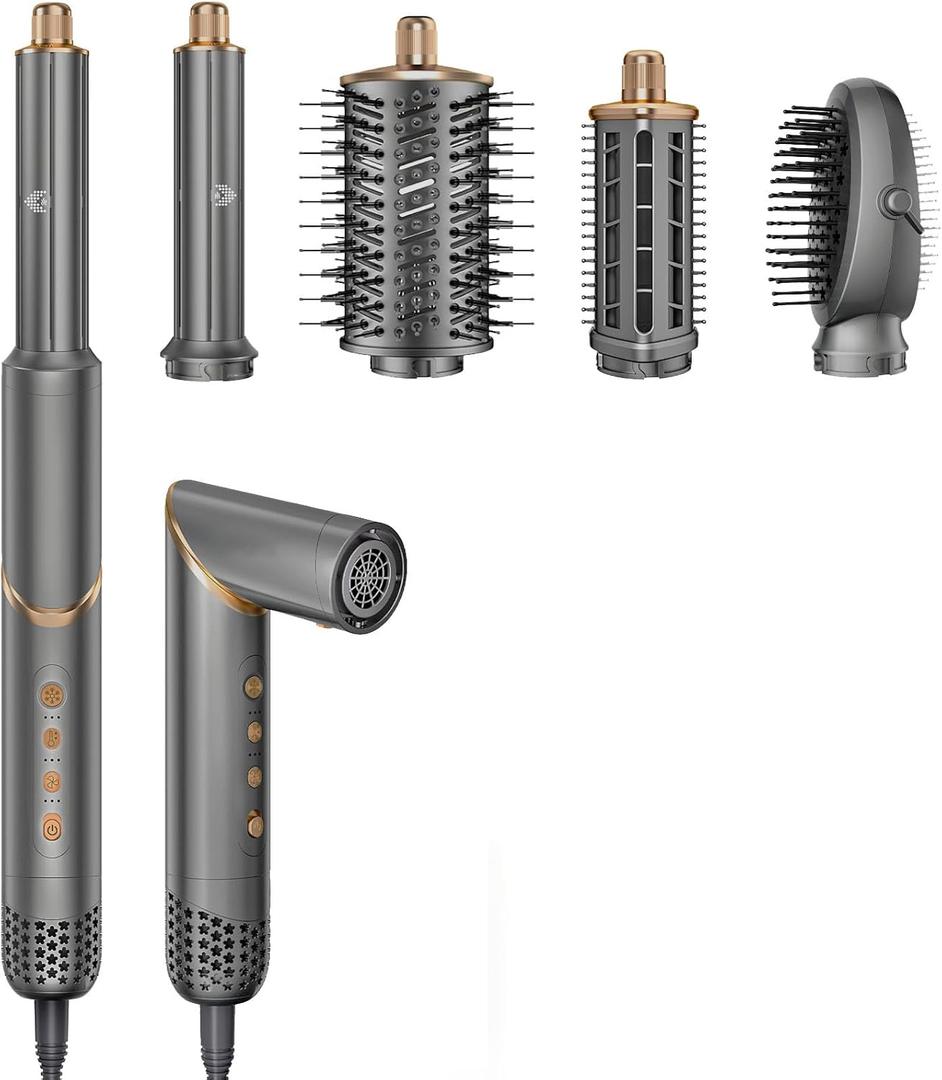 5 in 1 Hair Styler & Air Dryer Wrap Curler, High-Speed Negative Ionic Foldable Hair Tools Fast Drying, Multi Professional Hot Hair Styler for Curling Volumizing Straightening Styling (Grey/Gold)