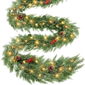 Extra Thick & Lush - 9 Ft by 12 Inch Prelit Christmas Garland with 50 Lights Timer, Real Touch Cedar Garland, 175 Tips Realistic Soft Battery Operated Red Berry Pinecones Xmas Garlands Indoor Outdoor