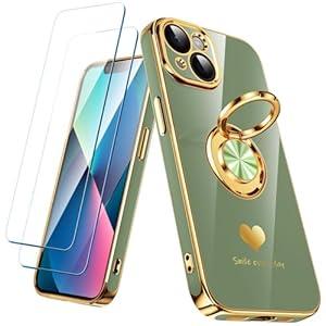 Nonional Compatible for iPhone 13 Case with 2 Pack Screen Protector, 360° Rotatable Ring Holder [Luxury Hearts Pattern] Plating Gold Edge Slim Soft Phone Cover Case for iPhone 13 - Light Green