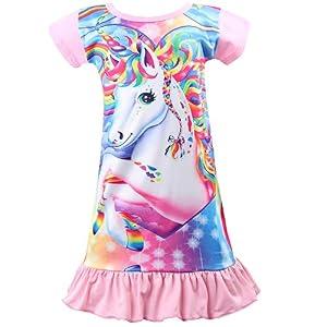 Kid Girls Nightgown Night Dress Unicorn Rainbow Princess Pajamas Sleepwear Nightie, Size 8