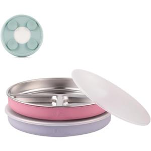 Elk and Friends Stainless Steel Divided Plates with Silicone Sleeve for Babies & Toddlers | Lids Included | Stay Put Suction | Dinner & Snack Plates | 2 Pack (Blush/Lilac)