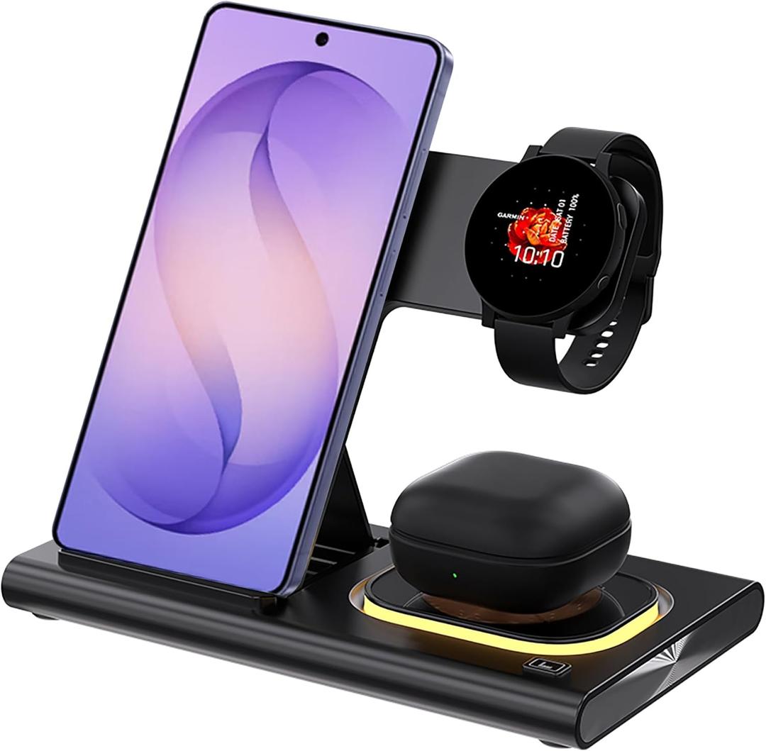 3 in 1 Wireless Charger for Samsung Charging Station Android Phone Multiple Devices LED Light Folding Dock Charger Stand for Samsung Galaxy S26 Ultra S25 S24 S23 S22 S21 Note 20 Watch 8/7/6 Earbuds (Black)