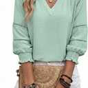 Dokotoo Womens 3/4 Sleeve Tops Pleated Business Casual Outifits V Neck Blouses Office Loose Shirts (Green, S)