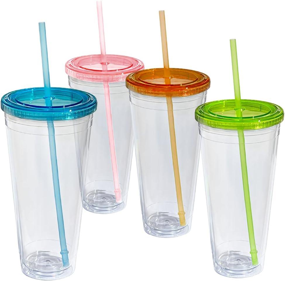 Lily's Home Insulated Tumbler Cups with Straws and Lids, Double Wall Clear Acrylic Plastic. Perfect for Iced Coffee, Hot Drinks, Water. BPA Free. Multicolor lids - 4 Pack (32 oz, Clear)