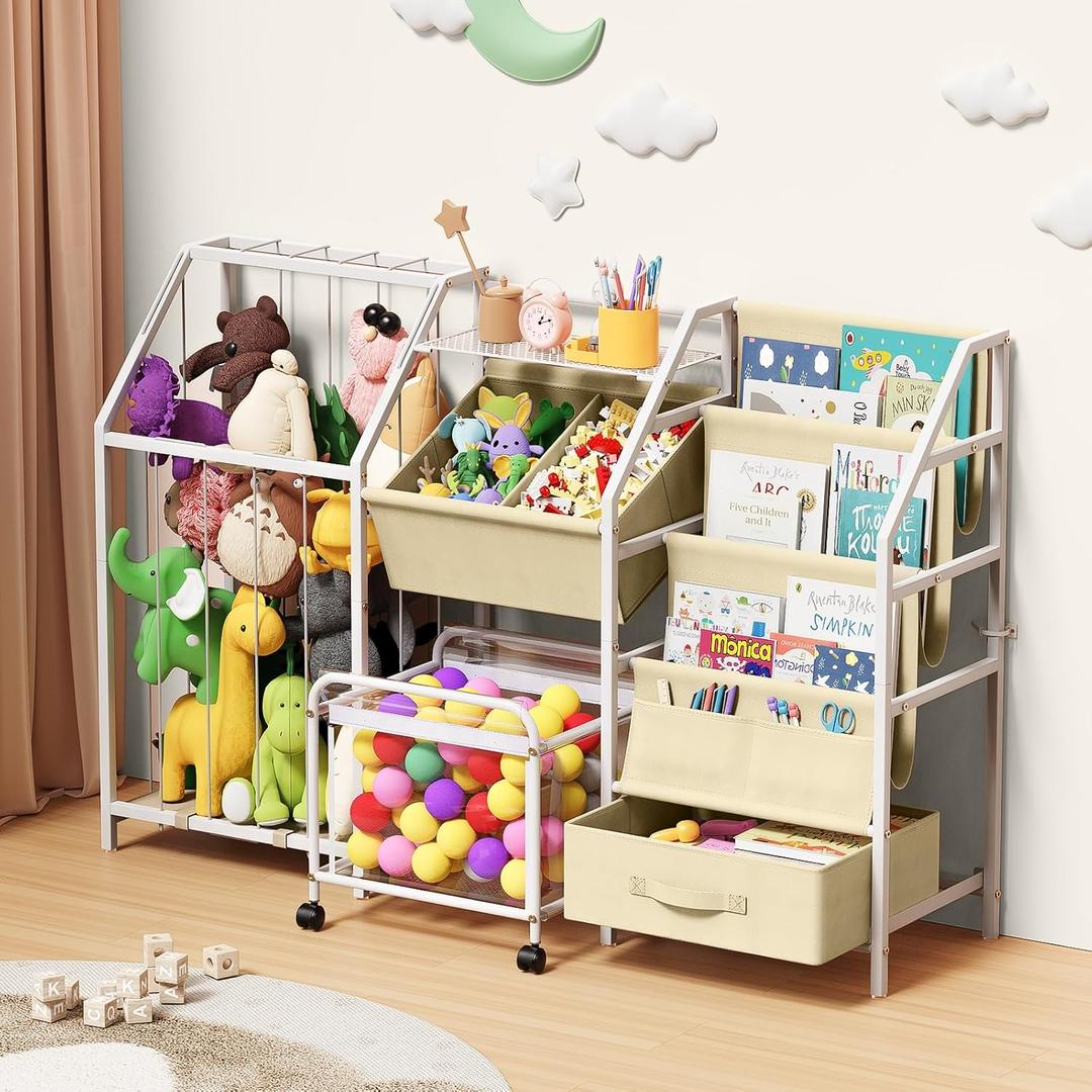 Kids Bookshelf and Toy Storage, 3 Tier Sling Montessori Bookcase with Toy Organizer & Stuffed Animal Storage, Children Baby Toddler Book Shelf for Kids Rooms Nursery Bedroom Playroom, White