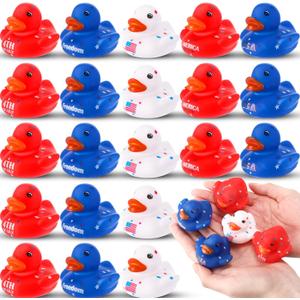 Sratte 50 Pcs Patriotic Rubber Ducks 2'' Blue Red White Mini Ducks in Bulk for USA 4th of July Memorial Day Independence Day Party Favors Decor Supplies Star Rubber Baby Bath Toys for Kids Adults