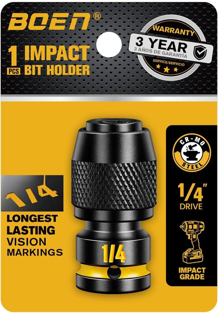 boen 1/4-Inch Drive to 1/4-Inch Hex Socket Adapter, Quick Release Impact Bit Holders, Square Drive Adapter, CR-MO Steel, Deep Embossed Size Marking