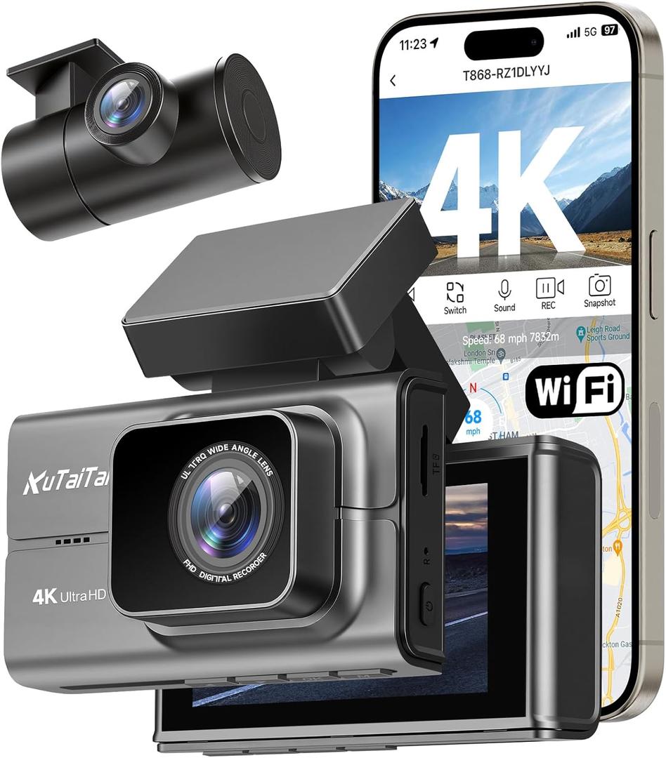 4K Dash Camera Front and Rear, HDR&WDR Night Vision, Dash cam with Built-in WiF, GPS, Car Dashcam with 3" Touch Screen, 170 Wide Angle, Loop Recording, 24H Parking Mode, Supports 512GB Max
