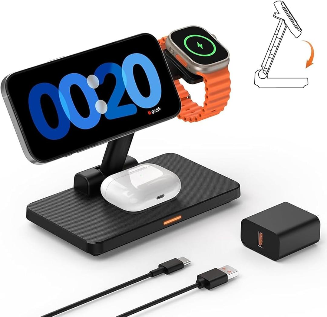 Wireless Charging Station for iPhone Mag-Safe: JoyGeek 3-in-1 Foldable Charger Phone Stand Charge for iPhone 16/15/14/13/12 Pro/Max/Plus - for AirPods - for Apple Watch 2-10/Ultra (Carbon Black)