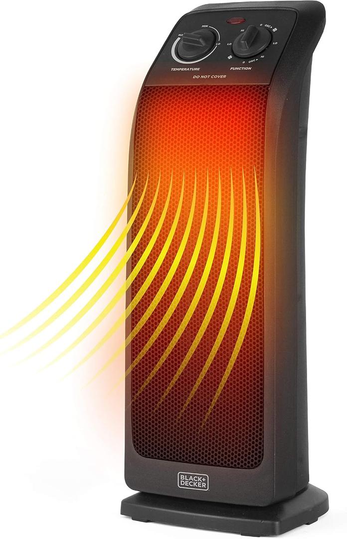 BLACK+DECKER Oscillating Ceramic Tower Heater, 1500W Space Heater and Fan Combo with Adjustable Thermostat, 3 Settings, For Home and Office, BHTC571 Black