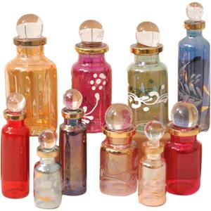 Egyptian Perfume bottles, Empty Glass Mini Bottles for Perfume, Essential Oils or Potion - Set of 20 Decorative Small Vials, Each 2" High (5cm), Assorted Colors