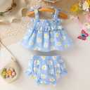 CBHAIBLYD Infant Toddler Baby Girl Summer Cotton Clothes Strap Ruffle Smocked Top and Shorts 2Pcs Outfit Clothing Set(Blue, 12-18M)