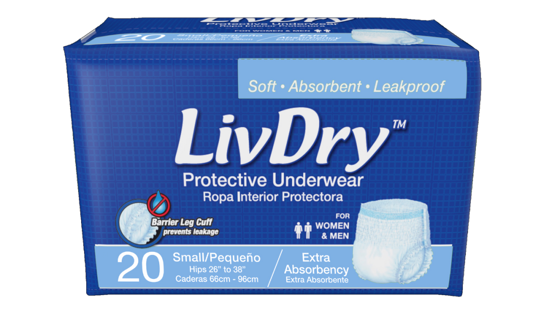 LivDry Adult S Incontinence Underwear, Overnight Comfort Absorbency, Leak Protection, Small, 4 bags 0f 20