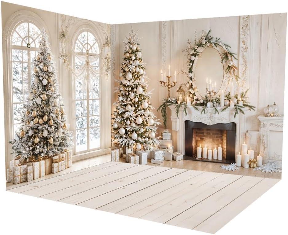 Kate Christmas Scene Setters Backdrops White Arched Window Fireplace Wooden Floor Indoor Decorations Photography Backgrounds Room Set (10ftx6.5ft&10ftx6.5ft)
