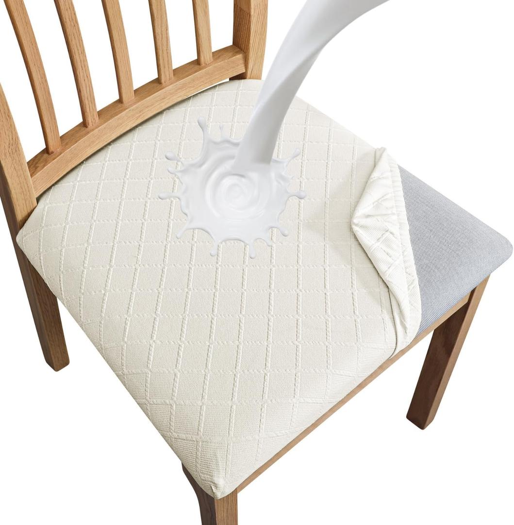 SPRINGRICO 100% Waterproof Seat Covers for Dining Room Chair Set of 6 Washable Seat Cushion Slipcovers Kitchen Chair Covers (6 Pack, Waterproof Ivory White)