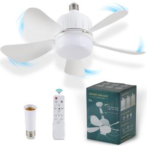 Gliztech Socket Fan Light with Remote, Dimmable LED Ceiling Fans with Lights, Screw in Socekt Fans and 1 Socket Extender, 3 Colors 3000K-6500K, Replacement Light Bulb Fan for Kitchen Garage Bedroom, White, 18 kWh/1000h