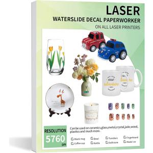 20 Sheets Waterslide Decal Paper LASER CLEAR,8.5X11 Inch Water Slide Transfer Paper Transparent Printable for Tumblers, Ceramics, Plastics, Glasses, DIY