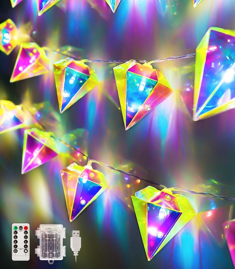 AceList Iridescent Big Diamond String Lights 10Ft 20 LED Fairy Light with Remote, Holographic Decor for Engagement Party Decorations Wedding Proposal Bachelorette Christmas Birthday Children (White)