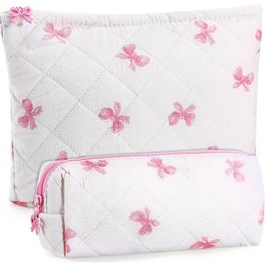 Paterr 2 Pcs Cotton Quilted Makeup Bag Set Coquette Pink Bow Cosmetic Bag Cute Aesthetic Travel Toiletry Organizer Skincare Pouch Toiletry Organizer Portable Pencil Case for Bridesmaid Women Gifts (Rectangle, White)