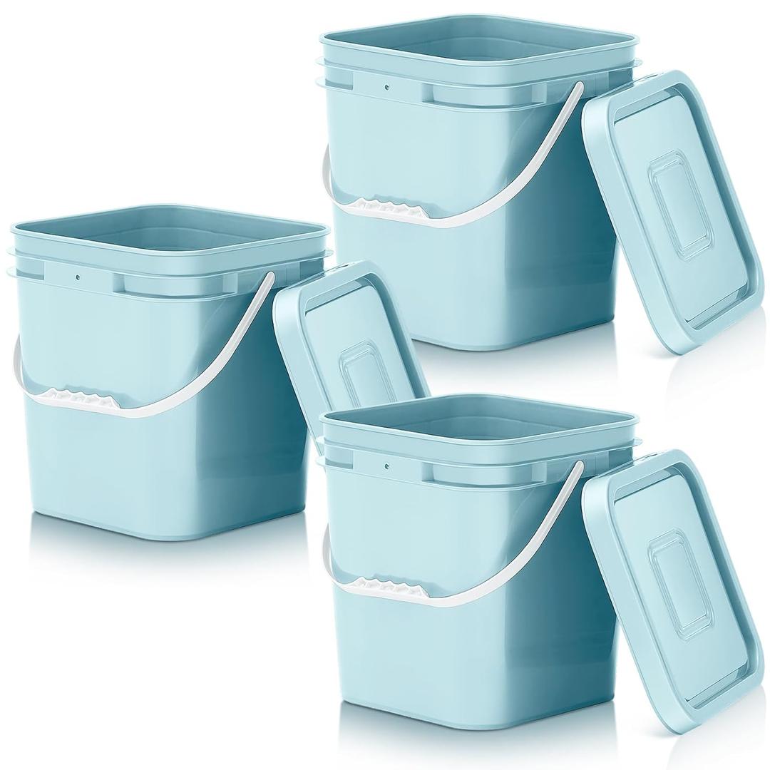 Mumufy 3 Pcs 3.5 Gallon Square Food Grade Bucket with Lid Square Bucket Pail with Plastic Handles for Storing Dry Food, Charcoal, Camping, Fishing (Aqua)