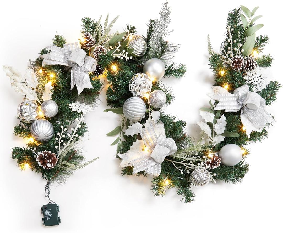 6ft Lighted Christmas Garland, Battery Operated Christmas Garland with 20 LED Lights Silver White Ball Ornaments Pine Cones Bow for Fireplace Mantle Stair Railing Outdoor Indoor Decorations