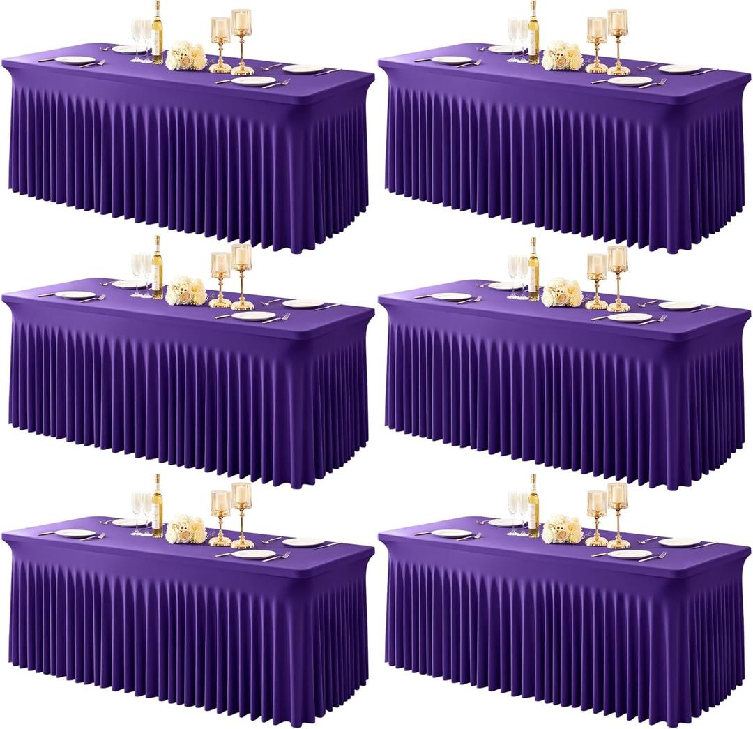 6 Packs Purple Table Clothes for 6 Foot Rectangle Tables, One-Piece Wrinkle Resistant Stretch Spandex Table Covers with Skirt for Event Banquet Wedding Birthday Party