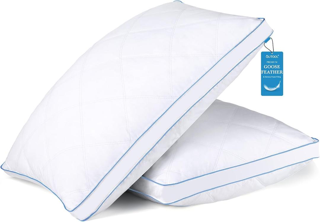 QUTOOL Luxury Goose Feathers Pillow with 100% Cotton Cover, Medium Firm Flat Bed Pillow King Size Set of 2,Good for Side and Back Stomach Sleeper