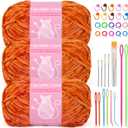 LUNARM Chenille Velvet Yarn for Crocheting Knitting, Soft Yarn for Making Blankets Clothes - 3 * 3.35oz, 3 * 162yds (Orange)