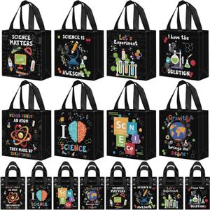 Sanwuta 24 Pcs Science Party Favor Bags Goodie Gift Treat Bag with Handles for Kids Students Party Supplies (Black)