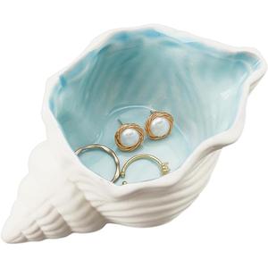 NBEADS Conch Shape Ceramic Jewelry Tray, Aqua Shell Trinket Dish Ceramic Ring Earring Holder Ocean-themed Decorative Trinket Plate for Rings Earrings Necklaces Bracelet Jewelry Watch Keys (Blue&White-Conch)