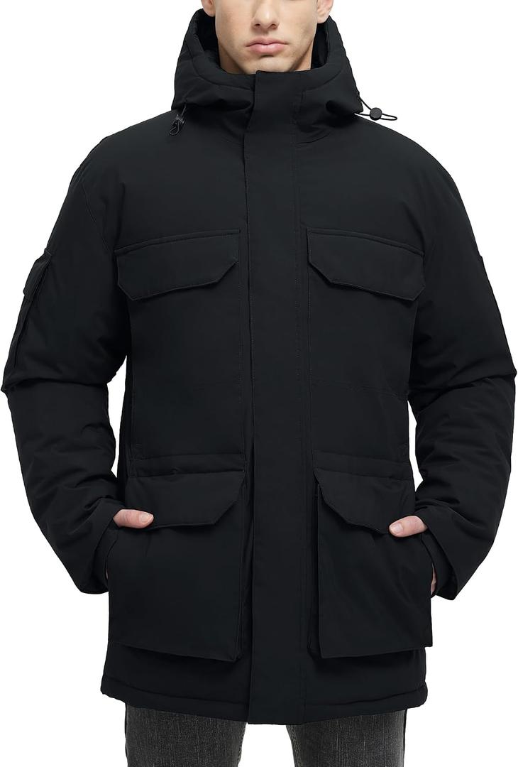 Winter Coats for Men Winter Jackets Waterproof Warm Insulated Thicken Long Down Jacket with Hood (Large, Black)