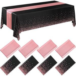 Breling 8 Pack Black and Rose Gold Disposable Plastic Tablecloths and Satin Table Runner Set, 54 x 108 Inch Tablecloth, 12 x 108 Inch Table Runners for Wedding Graduation Birthday Baby Shower New Year