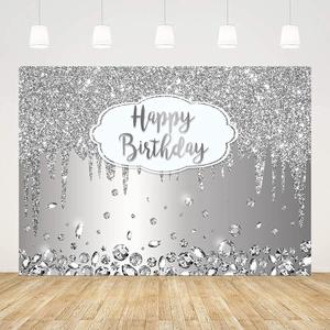7x5ft Happy Birthday Backdrop Dripping Glitter Crystal Diamond Silver Photo Background Girls Women Bday Party Decorations Cake Table Banner Wall Decor Props