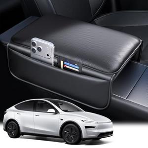 Wigoo Center Console Lid Cover for Tesla Model Y Juniper 2025-2026 & Model 3 Highland 2024-2026 (Standard, Premium & Performance), [Soft Support] Nappa Leather Armrest Protector Cover, Black