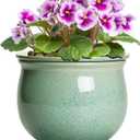 Ceramic Self Watering Pots, 6 Inch African Violet Pots with Absorbent Inner Pot, Round Self Watering Planter for Indoor Plants, Ceramic Pot for Plants, House Decor, Gifts for Women Men, Green