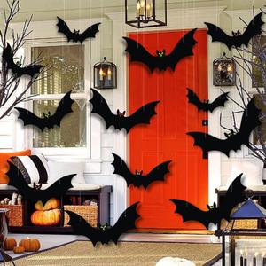 Hanging Bats Halloween Decorations 12pcs 3D Realistic Halloween Hanging Flying Bat with Glowing Eyes for Outdoor (3 Styles)