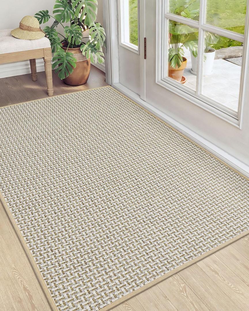 DEXI Door Mat Inside Entrance 36x56, Non Slip Rubber Backed Dirt Trapper, Low Profile Thin Welcome Doormat, Absorbent Easy Clean Entry Mats for Entryway, Patio, Beige and White (3' x 4'8" (Rectangular))