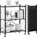 ALANNG Heavy Duty 3-Tier Folding Shelf with Wheels, No Tools Assembly Display Metal Shelving Units, Storage Rack Cart for Kitchen Pantry Laundry Room Garage, Black