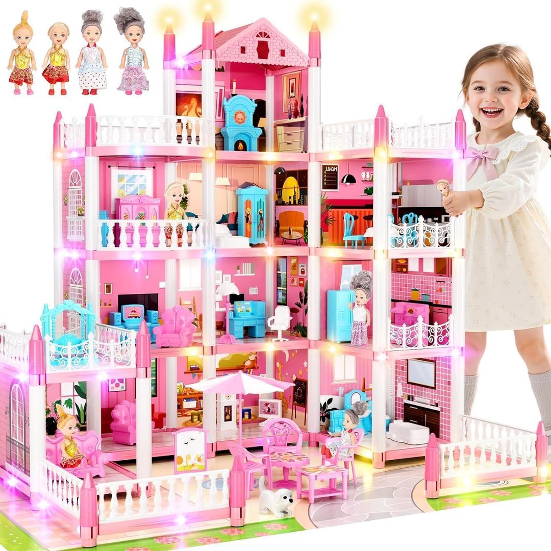 4 Stories Doll House for Girls, DIY Dollhouse Accessories Playhouse with Furniture and 11 Rooms, Pretend Play House with Lights for Kids, Portable Building Dolls Playset Toys Kit Gift for Ages 6+