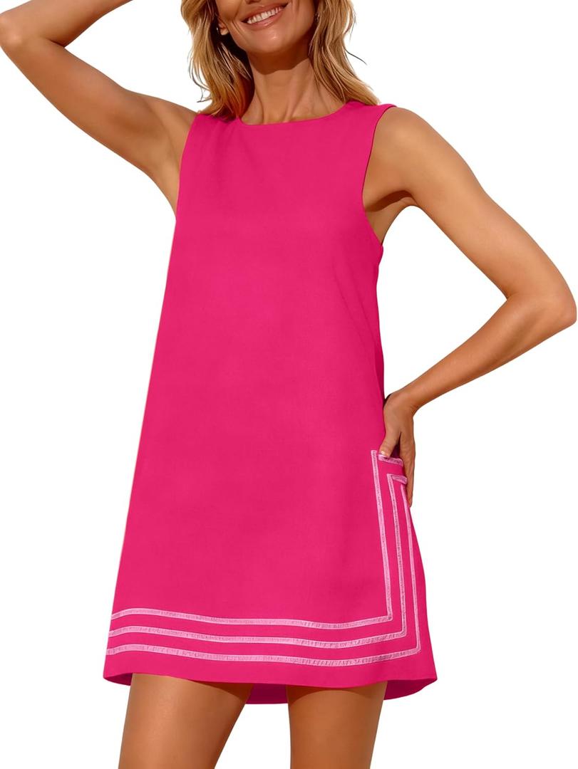 Freyhem Womens Summer Boho A-Line Mini Dress Sleeveless Sundress Color Block Beach Coverups(HotPink-S)