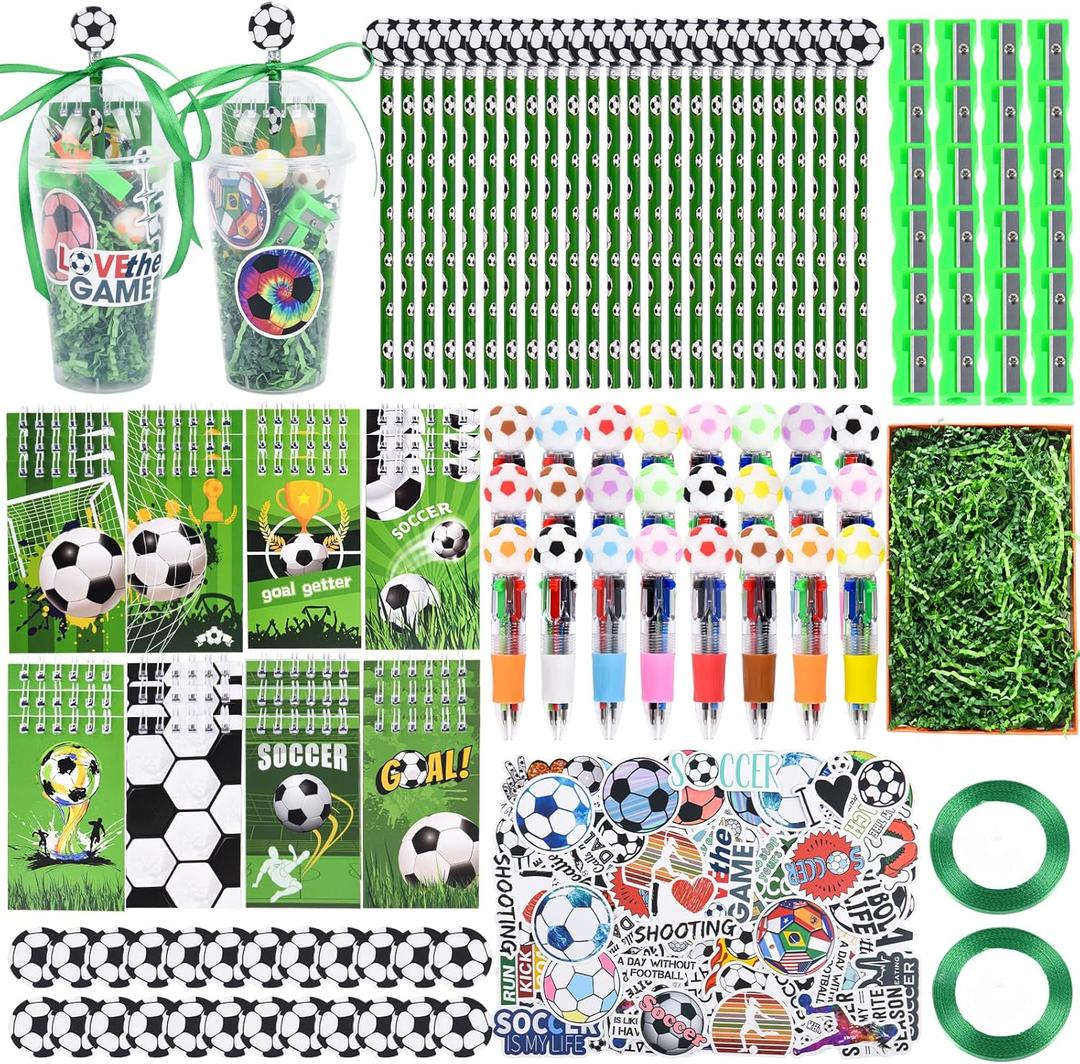 LiYiQ 247 Pcs Soccer Party Supplies Return Gifts for Party, Student Stationery Gifts from Teacher Rewards Prizes, Pencil Erasers Notebooks Stickers for Soccer Classroom Birthday