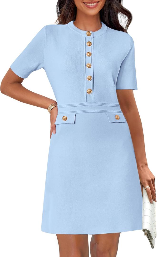 MEROKEETY Women's Knit Bodycon Sweater Dress Button Short Sleeve Crew Neck Elegant Formal Mini Dress (Small, Light Blue)