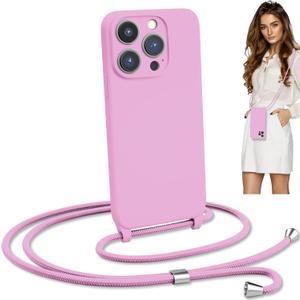 Blaspins Crossbody Lanyard Strap Case for iPhone 15 Pro Max, Hands-Free Neck Cross Body Wrist, Adjustable Rope Removable Drop Protection Shockproof Silicone Case 6.7 inch 150 cm Strap, iP15PM - Pink