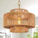 Bagood 12.4" Rattan Chandelier 1-Light Woven Pendant Light Boho Wicker Pendant Lighting Fixture Farmhouse Chandelier Light Fixture Drum Wicker Rattan Gold Chandeliers for Dining Room