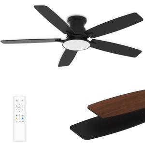 Flush Mount Ceiling Fan with Light, 52 Inch, Remote Control, 3CCT Dimmable LED, 6-Speed Silent Reversible DC Motor, Low Profile Hugger Ceiling Fan for Indoor/Outdoor 90-264V 50/60Hz Matte Black