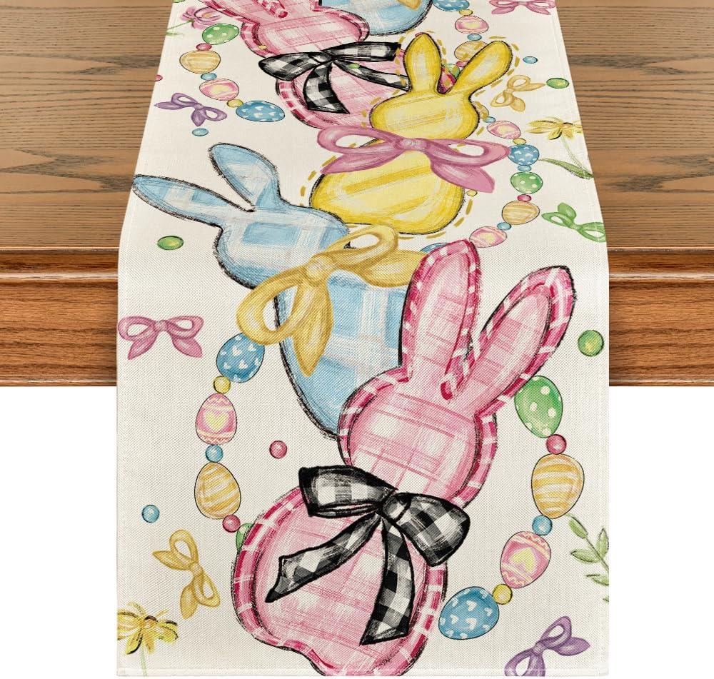 Artoid Mode Floral Bow Bunny Rabbits Eggs Easter Table Runner, Seasonal Spring Kitchen Dining Table Decoration for Home Party Decor 13x120 Inch (Beige)